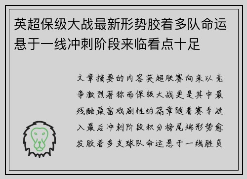 英超保级大战最新形势胶着多队命运悬于一线冲刺阶段来临看点十足